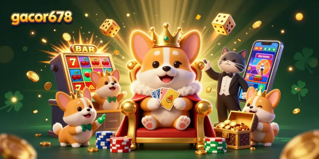 Experience gacor678's thrilling casino action with a royal corgi atop poker chips and vibrant slot machines.