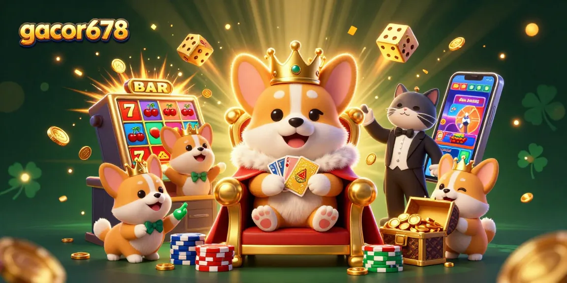 Experience gacor678's thrilling casino action with a royal corgi atop poker chips and vibrant slot machines.
