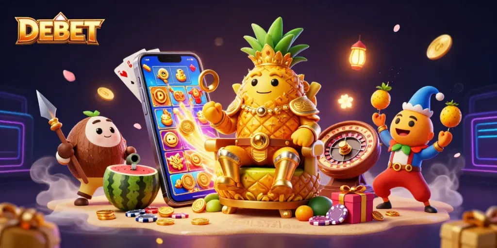 Engage with DEBET's vibrant casino adventure, featuring a golden pineapple king and colorful gaming elements.