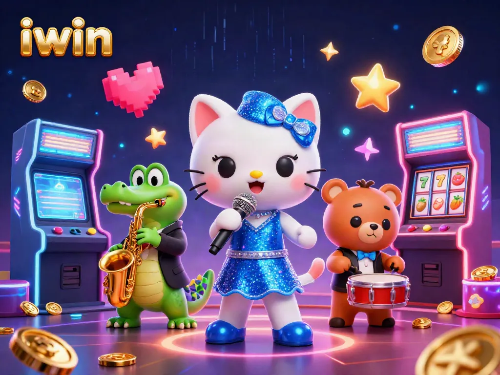 Engage with iwin's vibrant casino scene featuring a jazzy cat, a crocodile, and a bear cub.