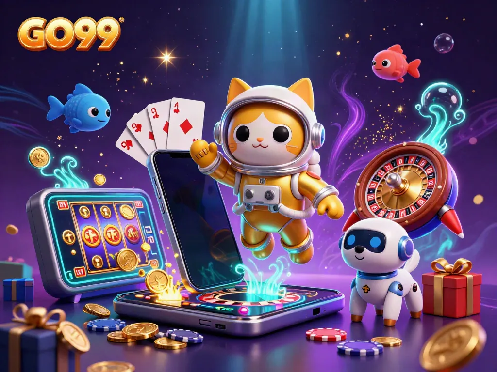 Strategically playing slots using GO99 with a space cat and robot dog in a vibrant casino scene.