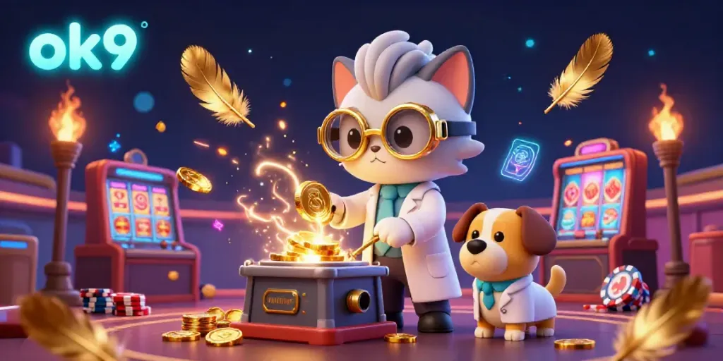 Spin the casino slots with ok9 while a mad scientist cat and assistant dog create gold coins!