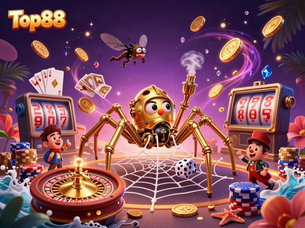 Win big with Top88 in this dynamic steampunk casino scene featuring vibrant games and a playful atmosphere.