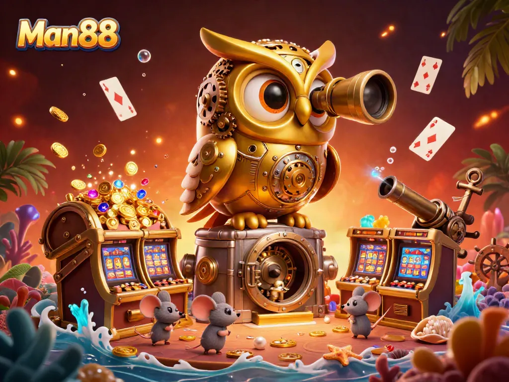 Experience thrilling games at Man88 with a vibrant casino scene featuring a golden owl and treasures.