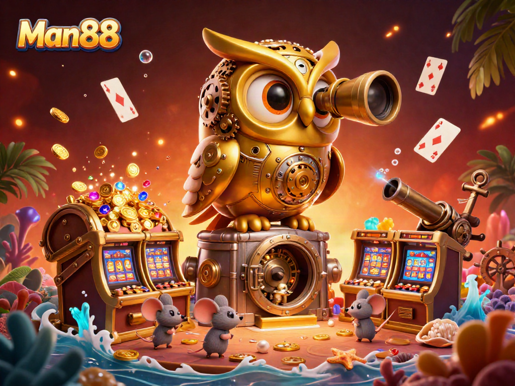 Experience thrilling games at Man88 with a vibrant casino scene featuring a golden owl and treasures.