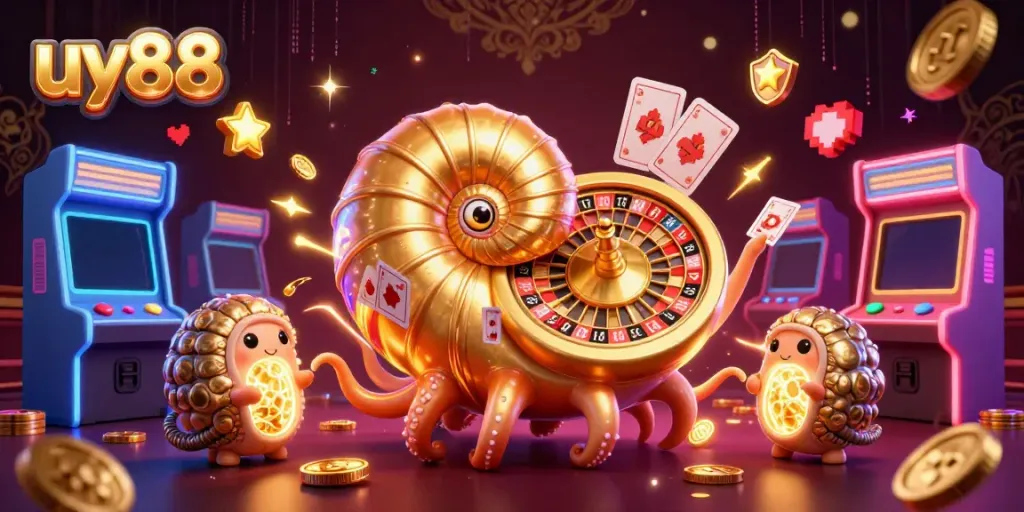 Experience the excitement of uy88 as the nautilus roulette wheel spins amidst colorful arcade game machines.