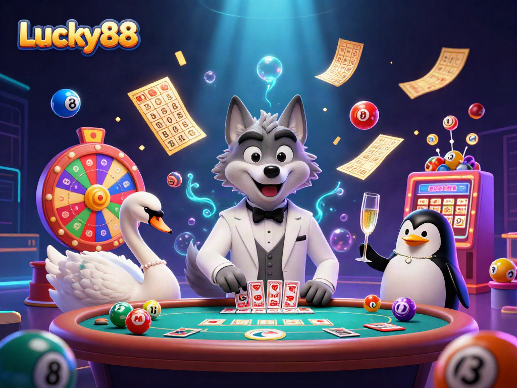 Join the fun at Lucky88 with a debonair wolf and friends celebrating at a baccarat table.
