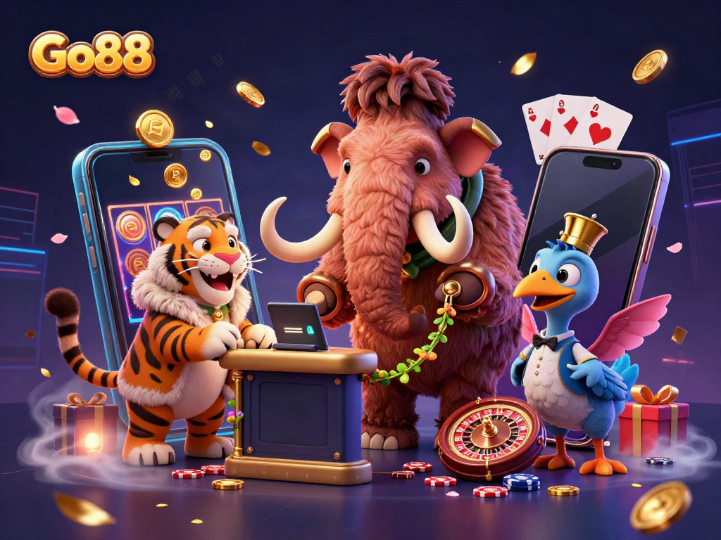 Engaging Go88 casino scene with a woolly mammoth bouncer checking IDs, a VIP saber-tooth tiger, and a dodo doorman.