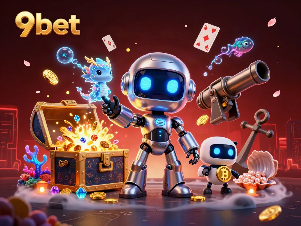 Engage with 9bet's thrilling online casino atmosphere through an energetic 3D illustration.