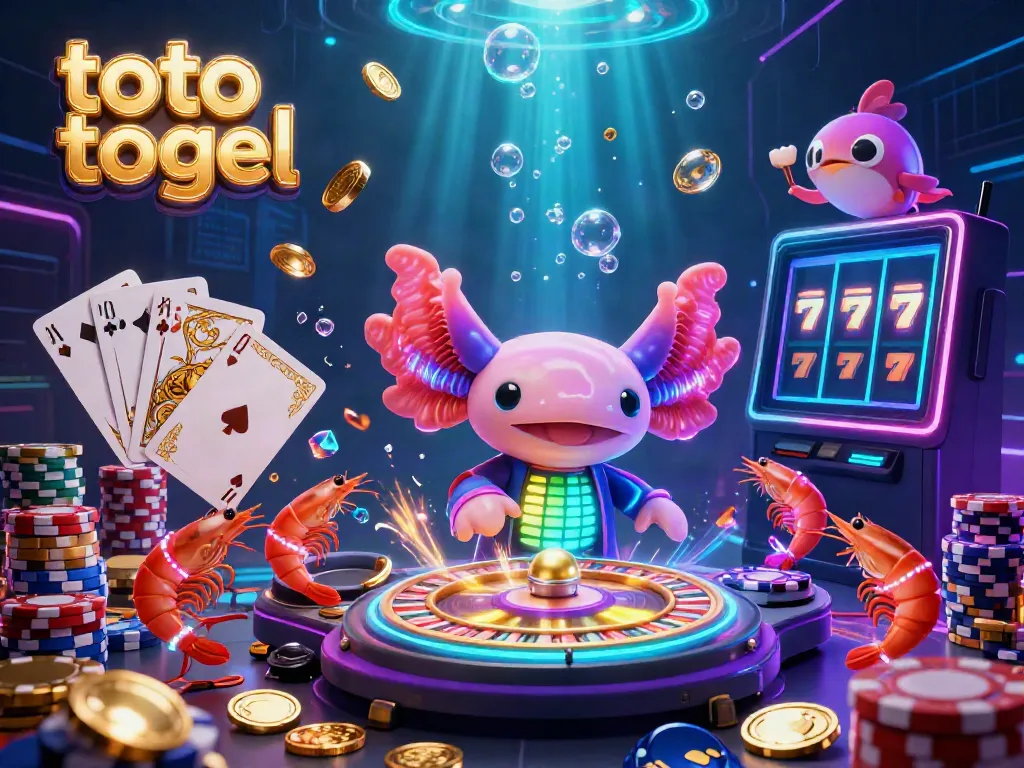 Menghadirkan pengalaman bermain toto togel yang mengesankan dengan DJ axolotl neon, koin emas, dan efek cahaya.