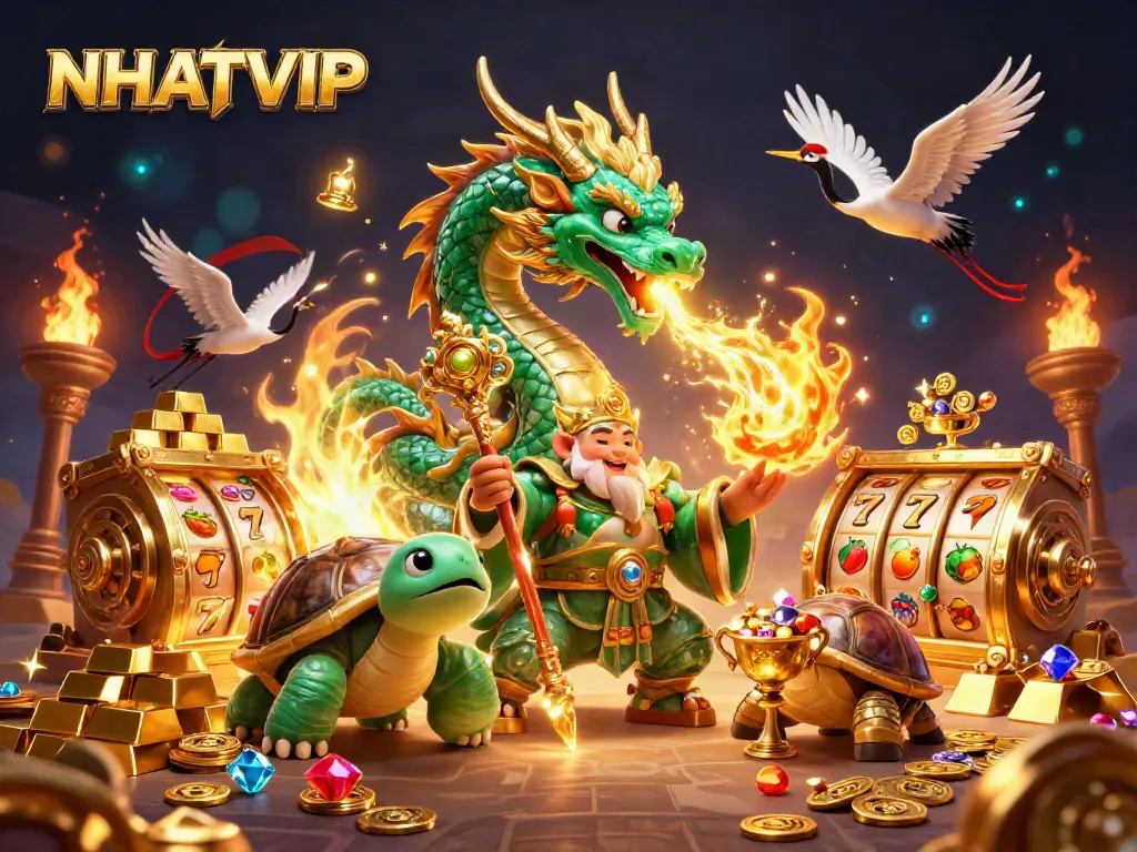 Experience the thrills of NHATVIP with an illustration showcasing epic wins and vibrant casino elements.