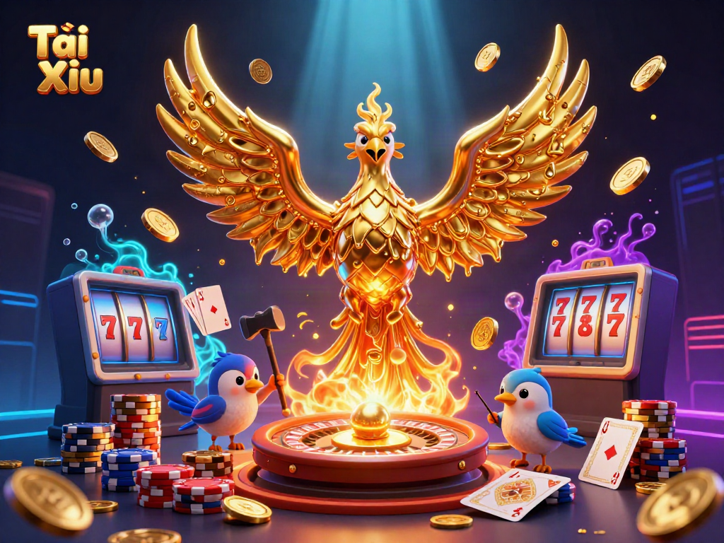 Experience the magic of Tài Xỉu in a dynamic golden phoenix scene with cascading coins and vibrant casino elements.