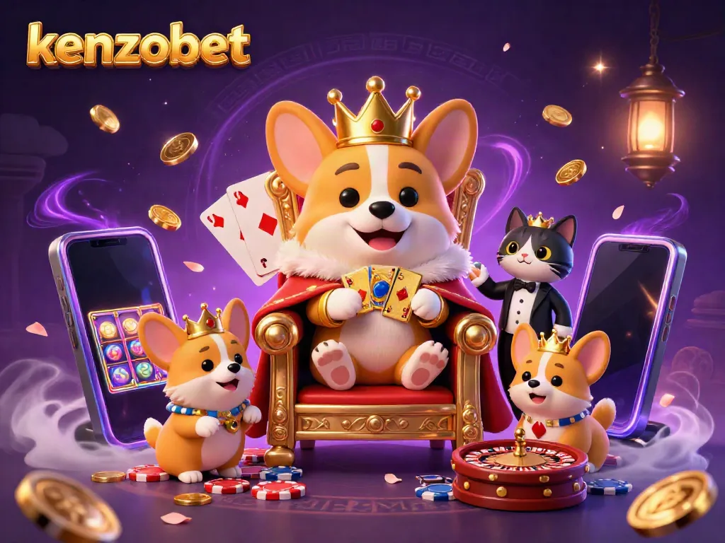 Experience kenzobet in a vibrant 3D scene with a royal corgi on a throne amidst casino elements.