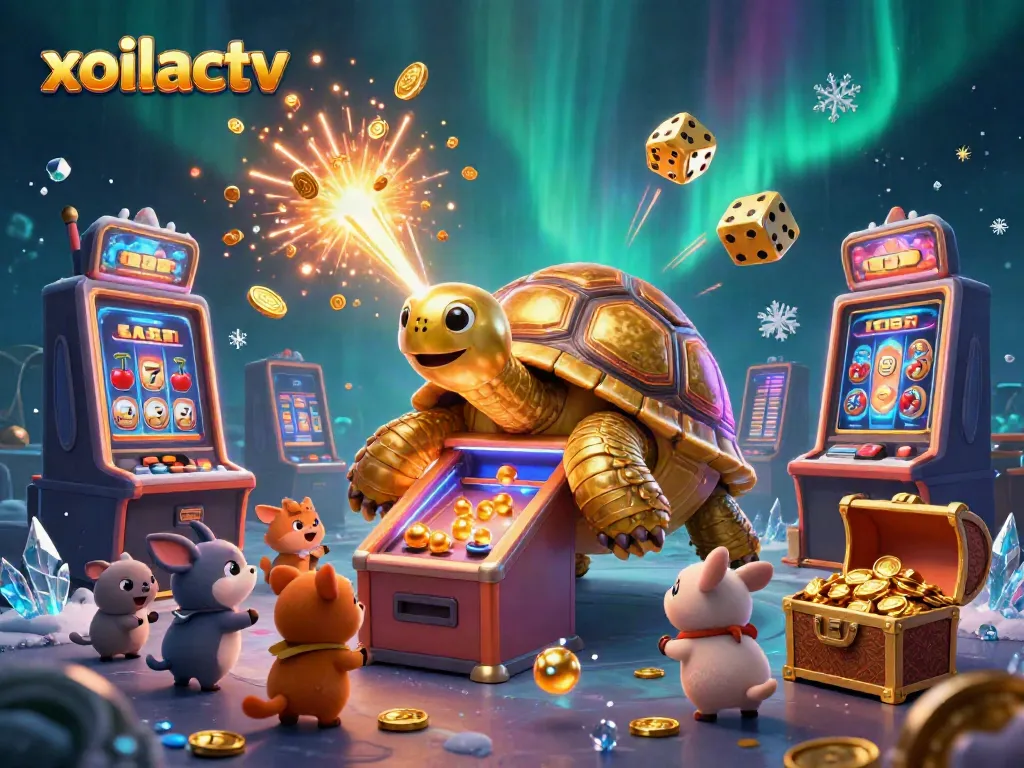 Xoilactv's dynamic casino scene with golden tortoise pinball, slot machines, and vibrant elements.