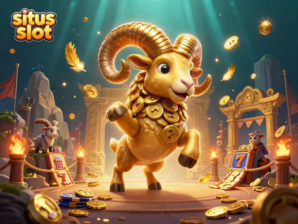 Engage with situs slot in an exciting battle of luck, featuring a golden ram and slot elements.