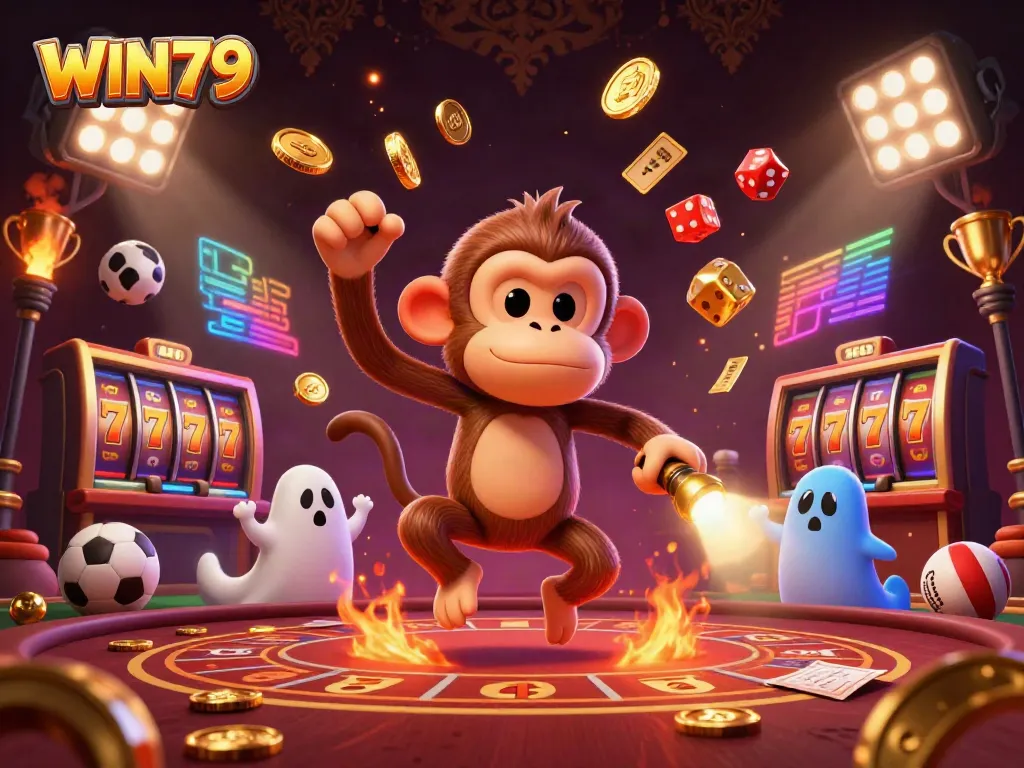 Experience the excitement of WIN79 with a whimsical scene of a poltergeist monkey and ghost-hunter puppy in a lively casino.