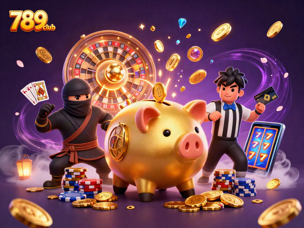 Experience thrilling action with 789club's colorful casino adventure featuring golden coins, gamers, and iconic symbols.