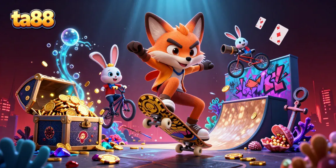 Experience ta88 action with a skateboarder fox and BMX-riding rabbit in a vibrant casino world.