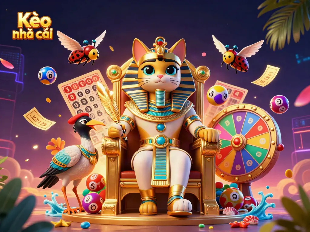 Experience the excitement of Kèo nhà cái with a vibrant 3D pharaoh cat surrounded by games and lottery elements.