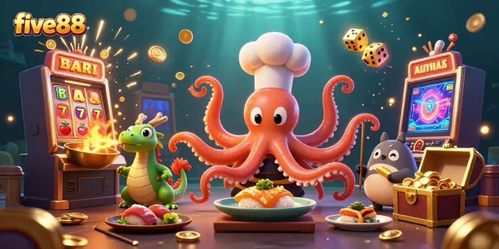 Experience five88 with vibrant casino-themed illustration featuring an octopus chef and dynamic gaming elements.