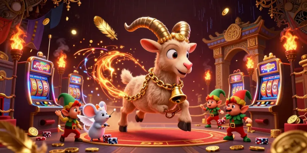 Experience the thrilling b52 casino atmosphere with Krampus, an angel mouse, and mischievous gremlins in this vibrant scene.