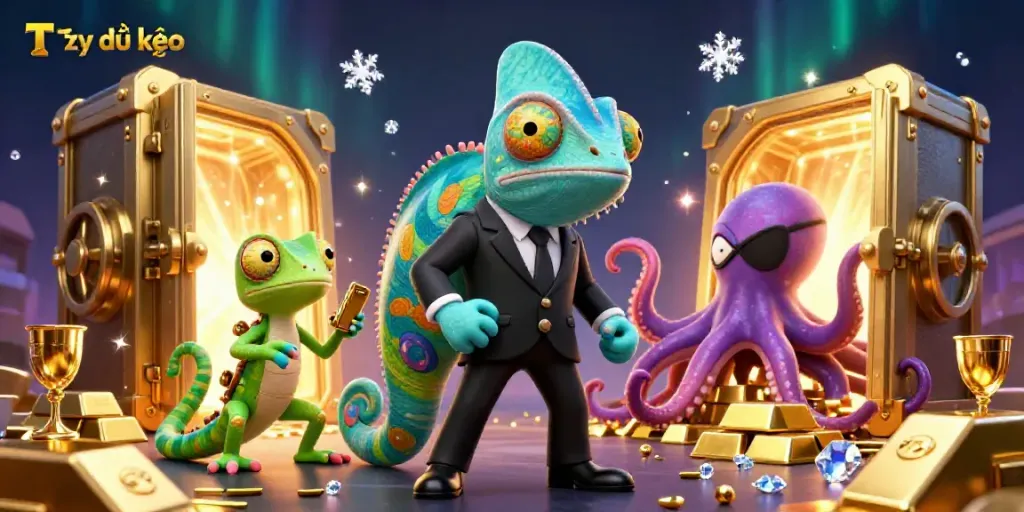 Engage with Tỷ lệ kèo in a vibrant 3D illustration featuring a chameleon, gecko, and octopus amidst treasures.