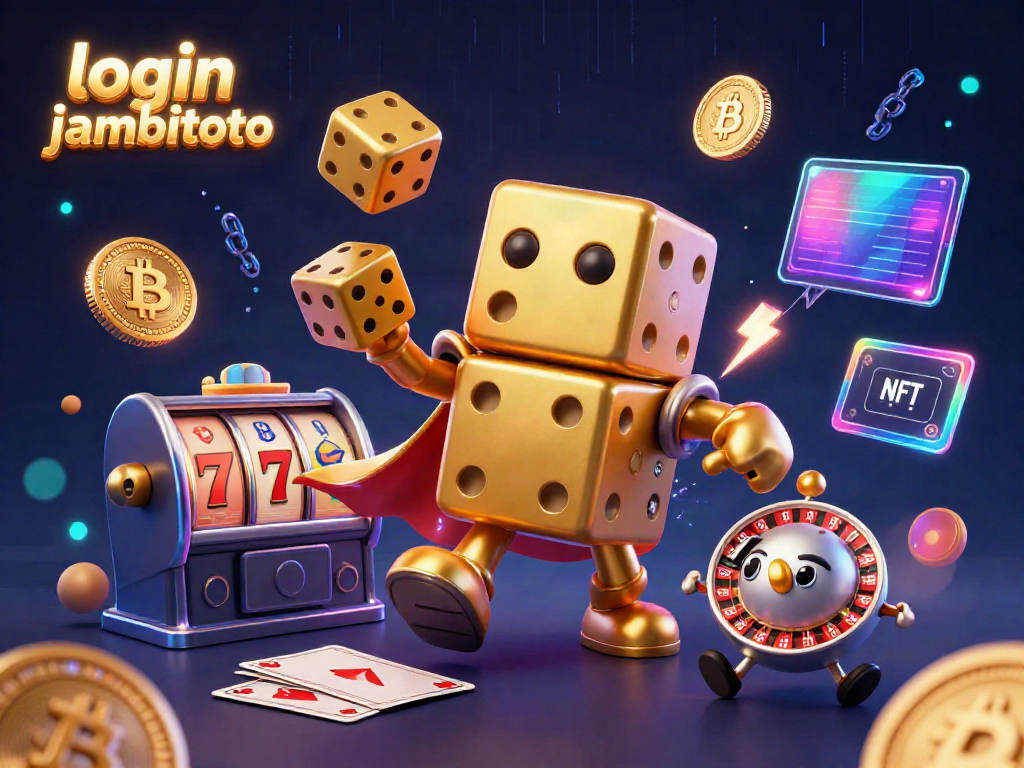 Engage with the thrilling atmosphere of gambling through the vibrant 3D scene featuring login jambitoto, showcasing a lively dice golem and dynamic gaming elements.