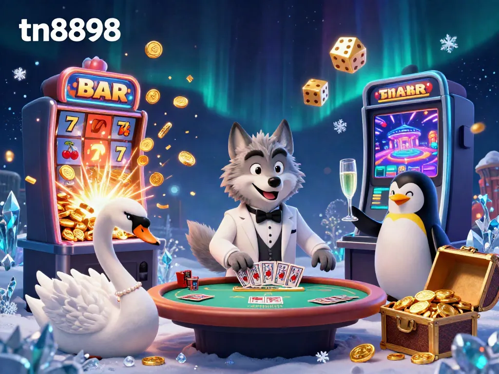 Experience the excitement of tn8898 with a lively casino scene featuring a debonair wolf and elegant characters.