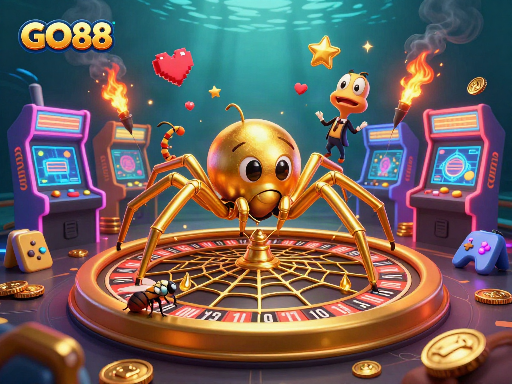 Join the excitement at GO88, with thrilling bets placed by a fly alongside a golden spider and centipede croupier spinning a roulette web.