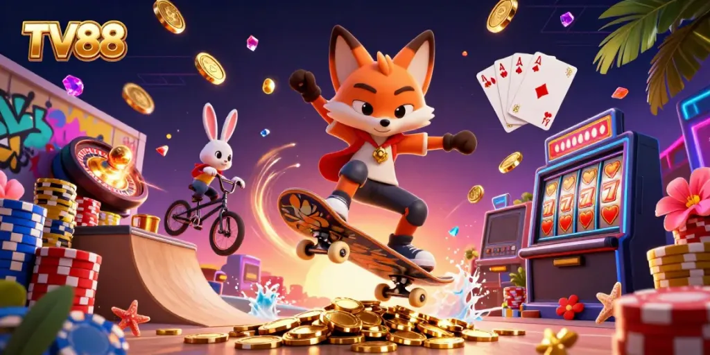 Experience the exhilarating gaming atmosphere at TV88 with thrilling characters and vibrant casino elements.