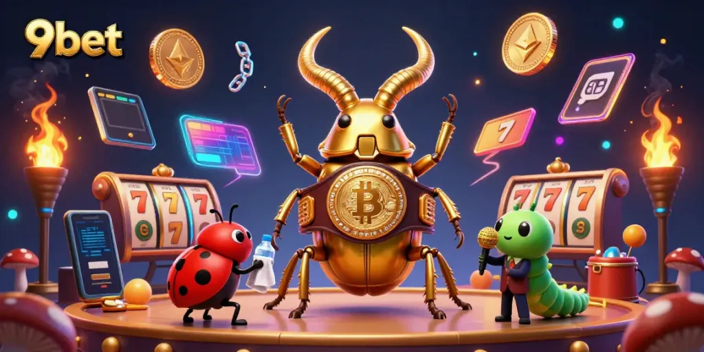 Experience thrilling action at 9bet with a vibrant scene featuring a golden stag beetle boxing champion in a 3D digital casino setting.