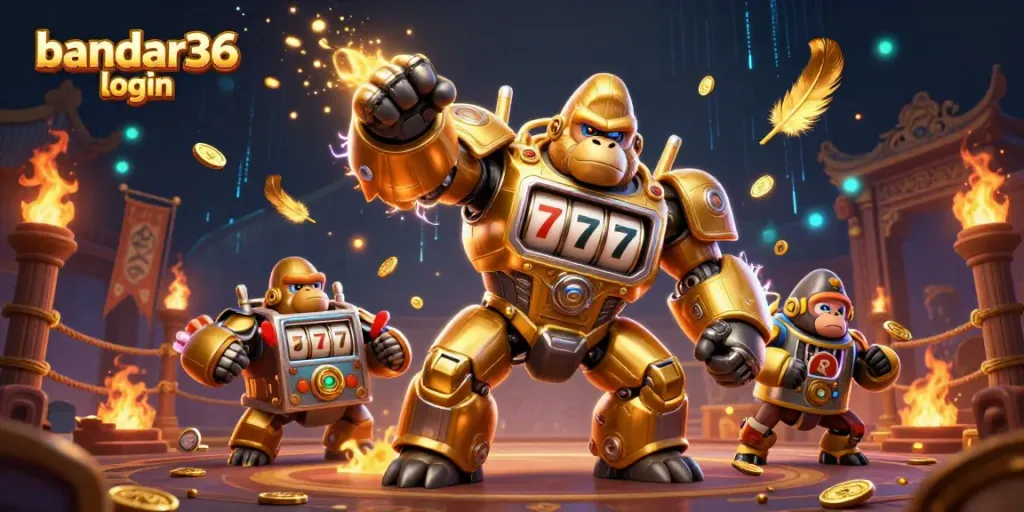Permainan slot gacor di bandar36 login dengan karakter gorila emas dan efek dramatis yang menarik.