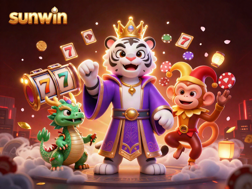 Win big with sunwin as a royal tiger, jester monkey, and jade dragon celebrate with slot reels and gold coins.