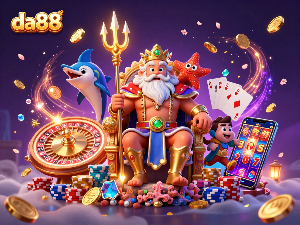 Play thrilling games at da88 with Neptune, surrounded by dynamic casino elements.