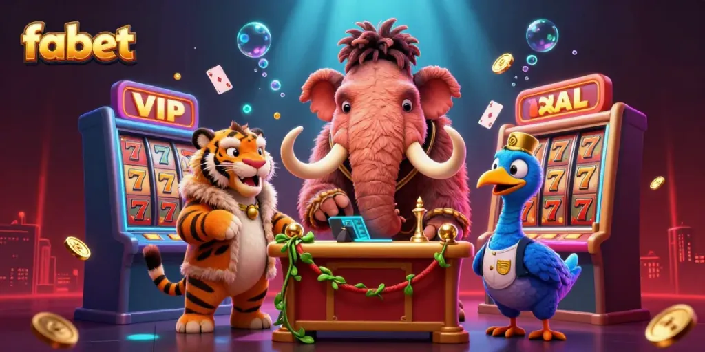 Experience fabet with a vibrant 3D casino scene featuring a woolly mammoth bouncer and lively game elements.