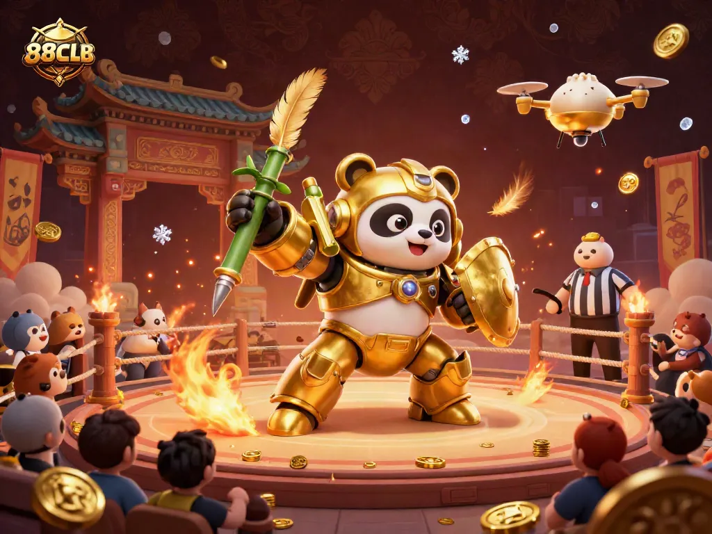 Engage in exciting gaming battles at 88CLB, featuring a mech-suit golden panda and animated casino elements.