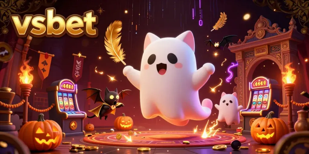 Experience the vibrant world of vsbet with a friendly ghost cat and a vampire bat amidst gaming excitement.