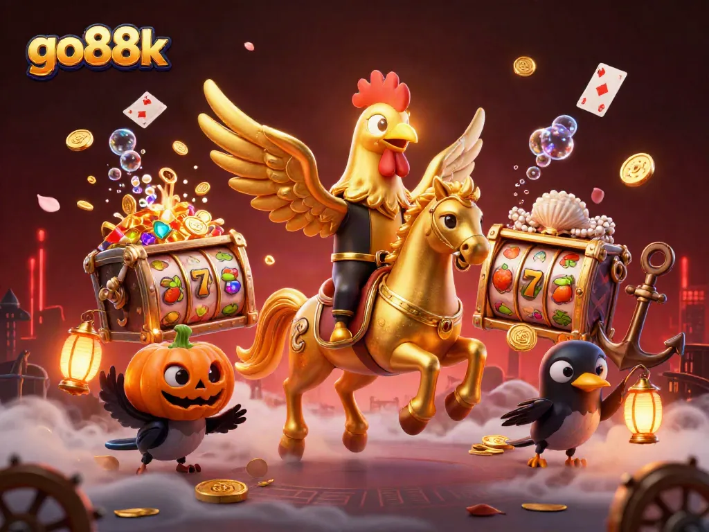 Engage with go88k in this vibrant casino scene featuring golden rooster and sparkling slot elements.
