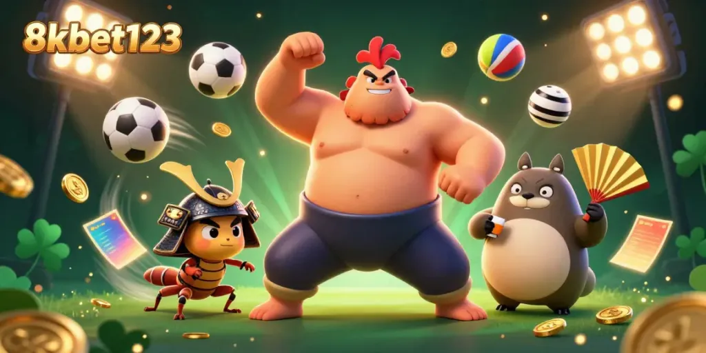 Experience the excitement of 8xbet123 with dynamic sports-themed gambling illustration filled with action and color.