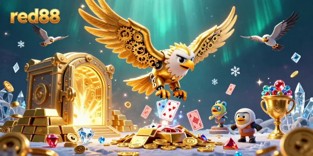 Experience the thrilling dive of the red88 cybernetic eagle amidst radiant casino gems and cards.