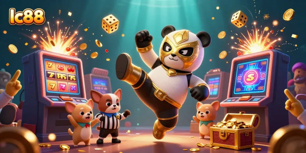 Experience the excitement of lc88 with a dynamic casino scene featuring jubilant animal characters.