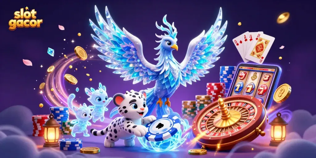 Play the slot gacor with colorful characters like an ice phoenix and snow leopard enjoying casino games.