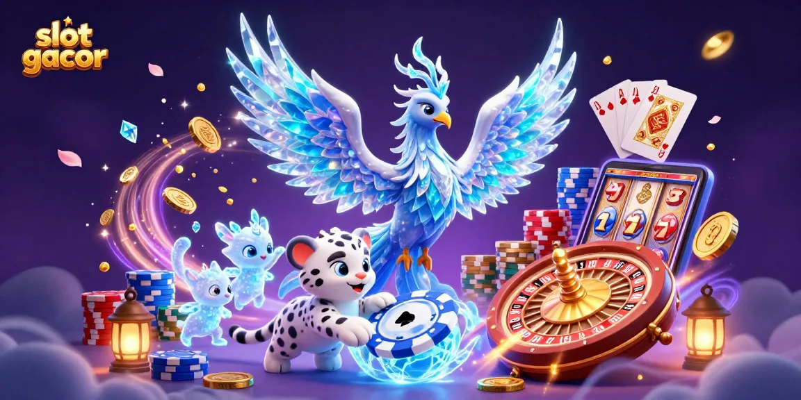 Play the slot gacor with colorful characters like an ice phoenix and snow leopard enjoying casino games.