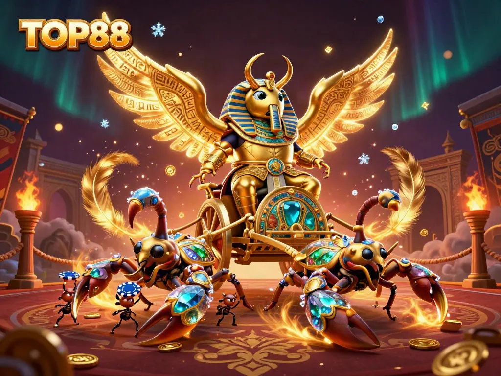 Experience the thrill of winning at TOP88 with a dynamic 3D casino illustration featuring vibrant characters and rich details.