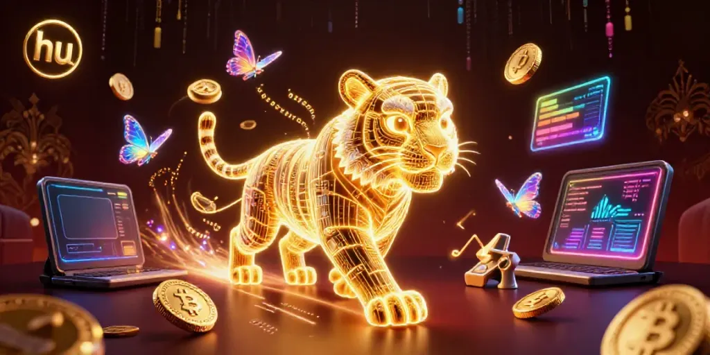 Experience winning thrills at hu with a vibrant tiger and crypto elements in a digital casino landscape.