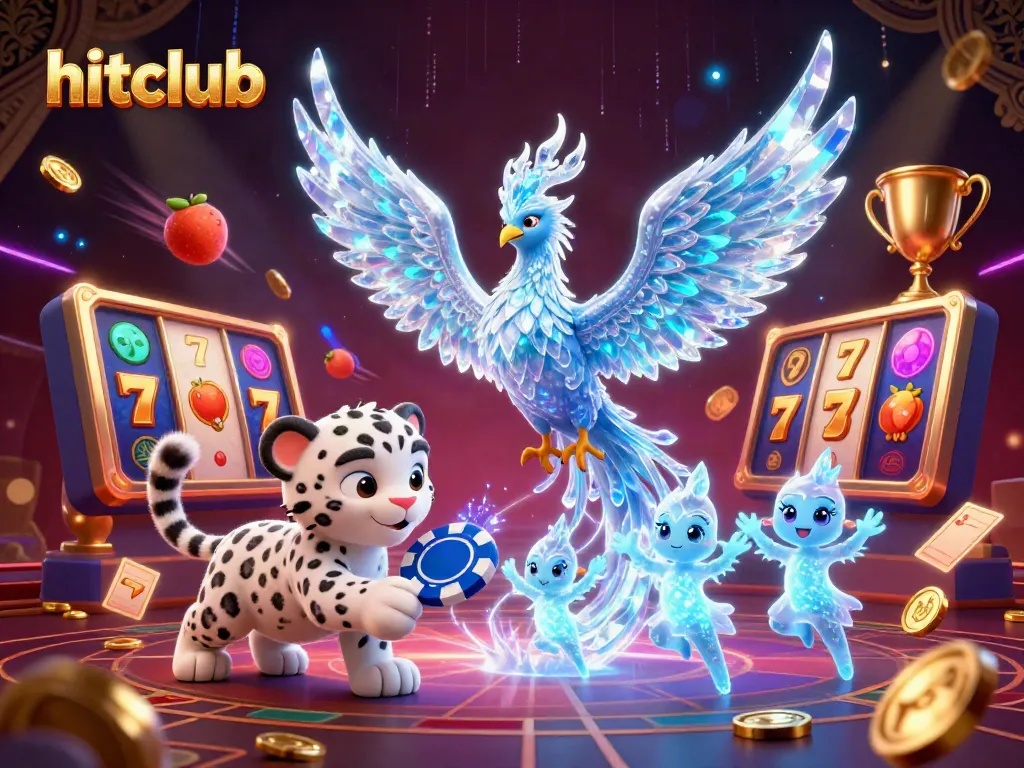 Hitclub offering thrilling slot experiences with an enchanting phoenix and casino elements.