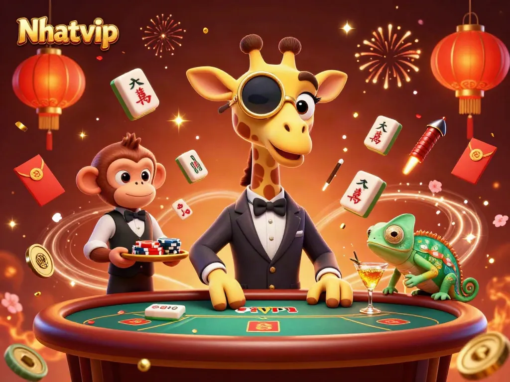 Nhatvip entertains players with a vibrant casino scene featuring a high-roller giraffe and festive elements.