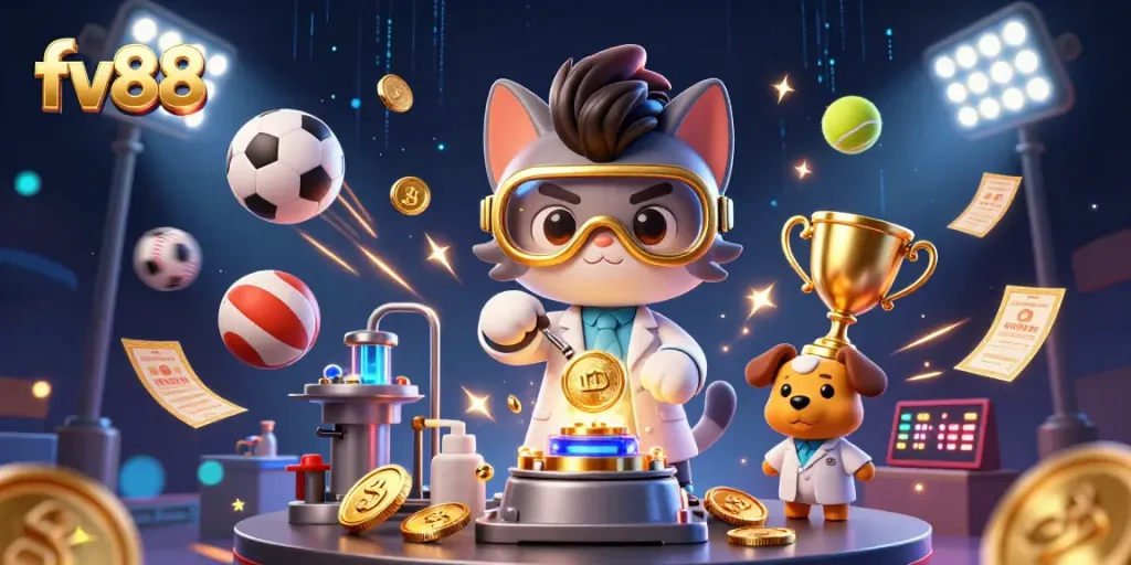 Join the exciting action with fv88 as a mad scientist cat and assistant dog create a winning gambling scene.