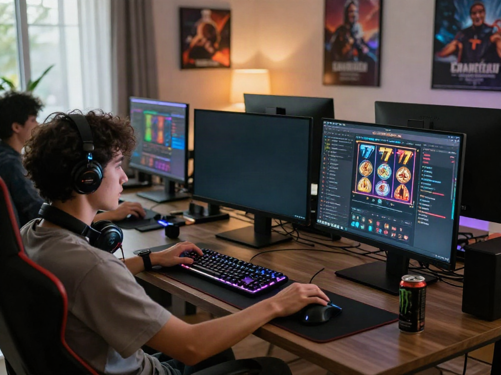 Engaging online gamer focused on slot777 games with vibrant graphics in a stylish home setup.