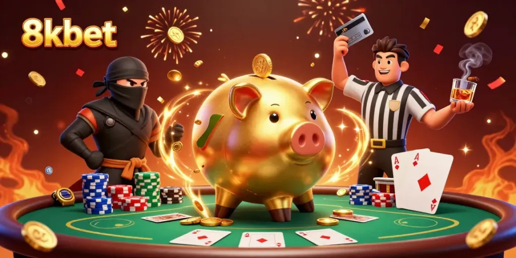 Experience thrilling gaming action in the vibrant world of 8xbet! Cartoon characters engage in a poker showdown.